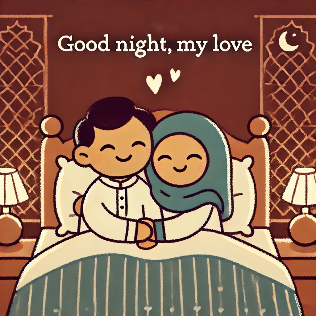 A cute cartoon couple cuddling in bed, with both looking happy and comfortable. They are wrapped in a cozy blanket, and the room has a warm, inviting 