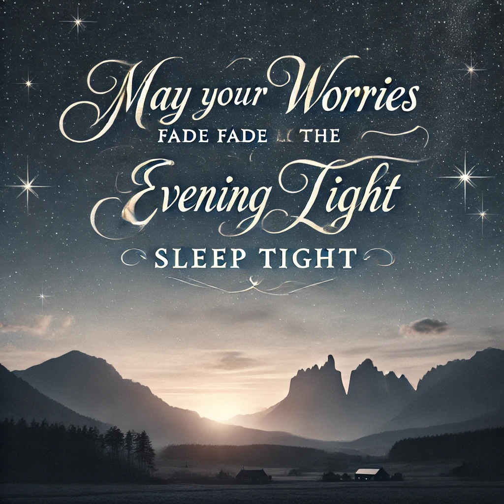 An image of a starry night sky with mountains in the distance and the quote, "May your worries fade like the evening light. Sleep tight.