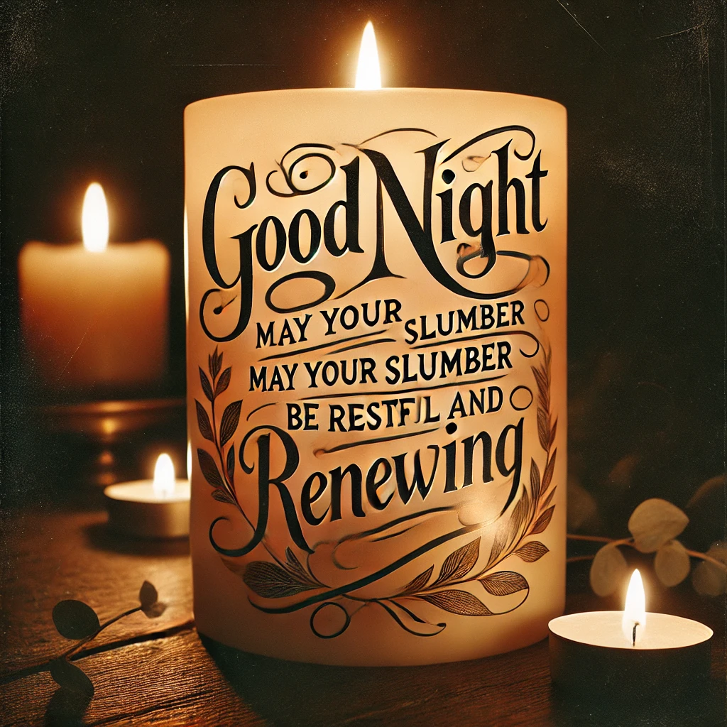 An image of a candle with the quote, "Good night, may your slumber be restful and renewing."