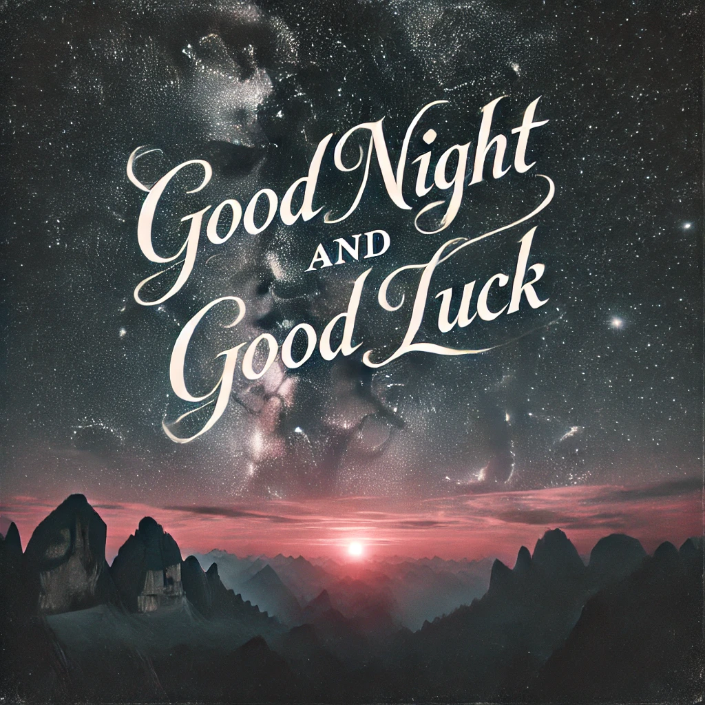 A photo of the night sky filled with stars with the quote, "Good night and good luck."