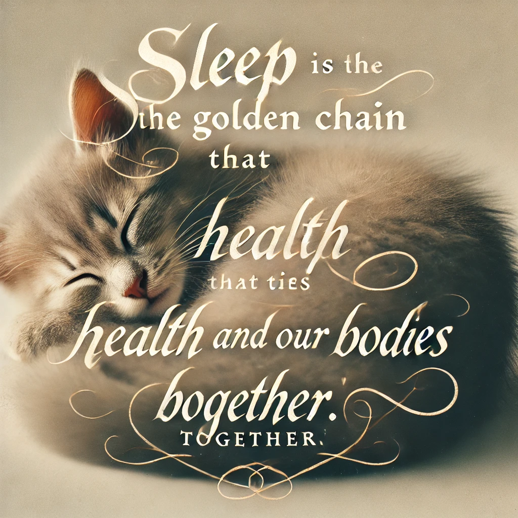 An image of a sleeping cat curled up in a ball with the quote, "Sleep is the golden chain that ties health and our bodies together."