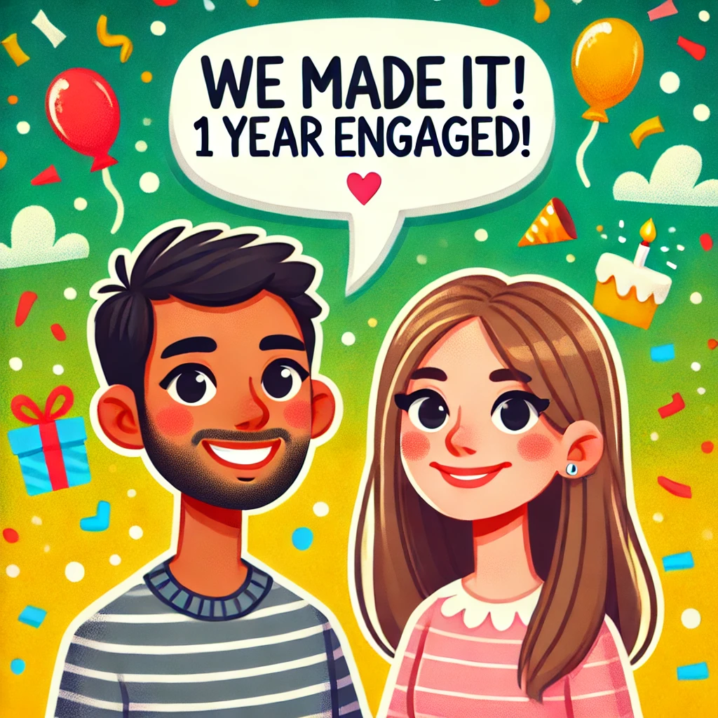 A colorful cartoon image of a couple with a speech bubble that says 'We made it! 1 Year Engaged!'. The couple is smiling and looking happy, standing c