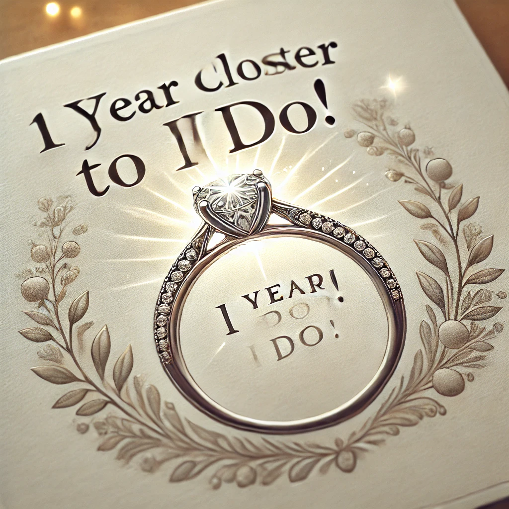 A detailed image of a wedding ring, prominently displayed. Above or below the ring, the words '1 Year Closer to I Do!' are written in an elegant, cele