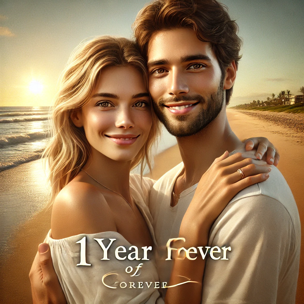 A realistic photo of a couple hugging on the beach. They are smiling and looking happy, with the ocean and sandy beach in the background. The sky is c