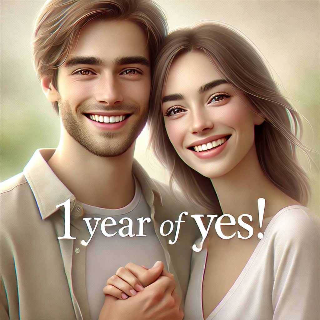 A realistic photo of a couple smiling and looking happy. They are standing close together, embracing or holding hands. The background should be soft a