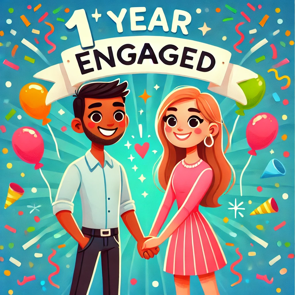 A colorful cartoon image of a couple holding hands. They are smiling and looking happy, standing close together. Above them, a banner reads '1 Year En